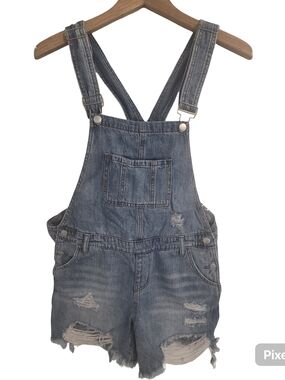 Ripe Maternity Faded Blue Distressed Denim Short Overalls